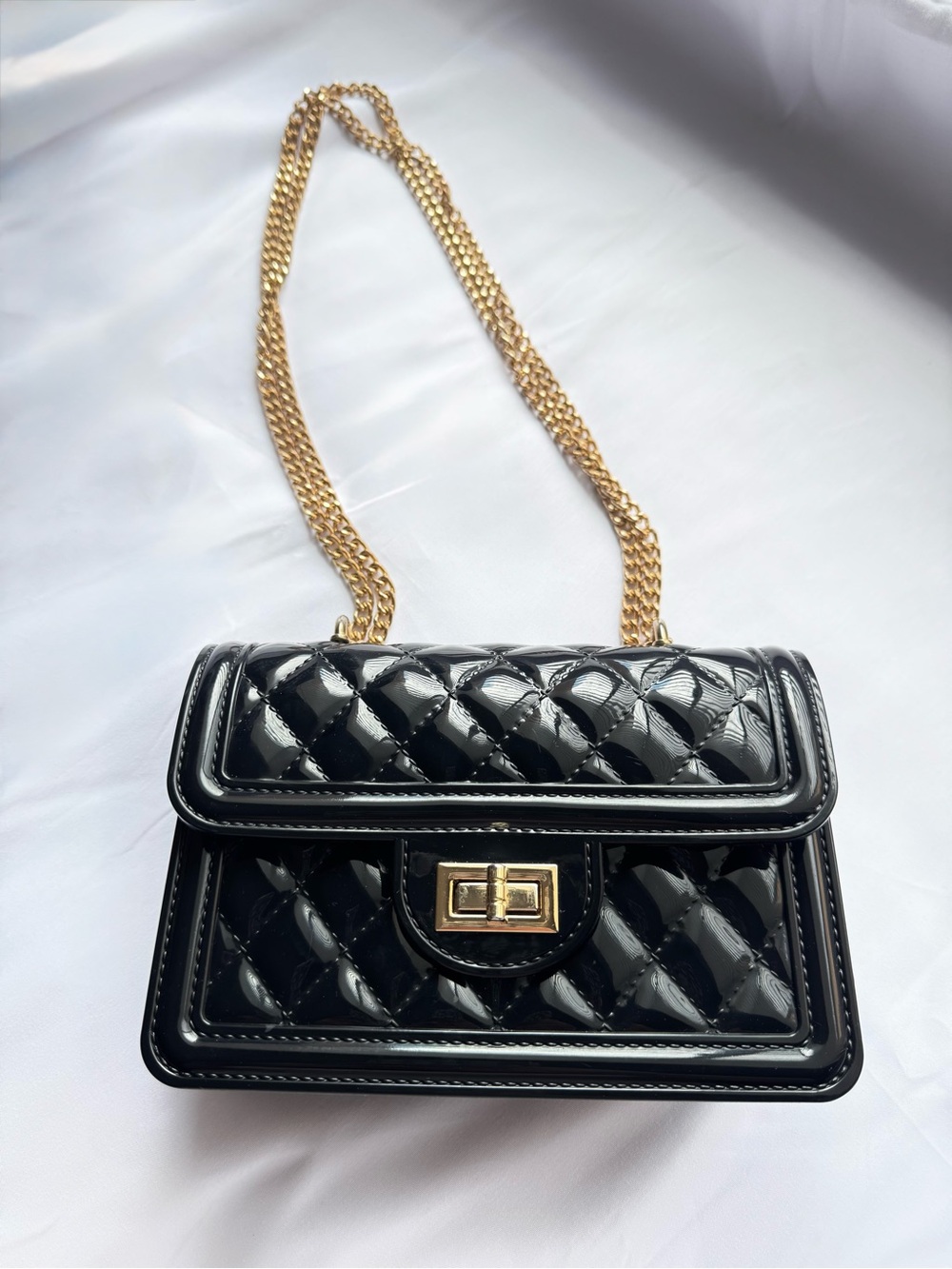 Black Quilted Patent Crossbody Bag with Gold Chain